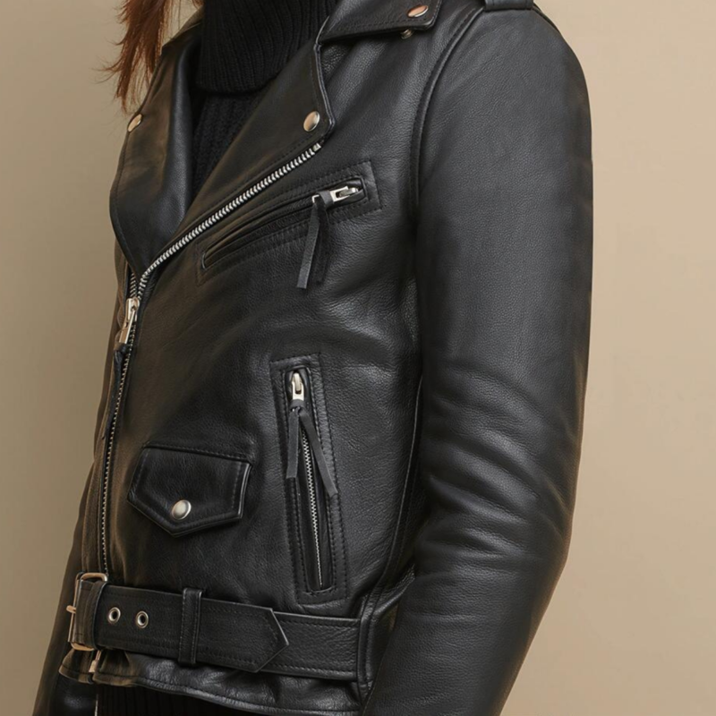 Ladies Biker Leather Jacket – Black – Full Length