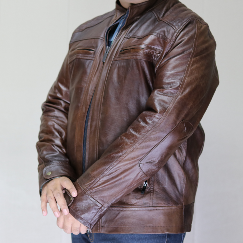 BIKER Leather Jacket – TERRY BROWN – Lamb skin – Soft and Light – GR