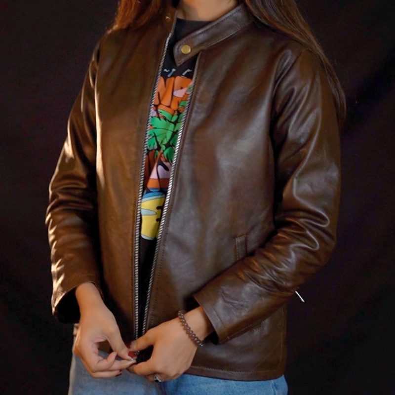 Plain Brown Leather Jacket for Ladies